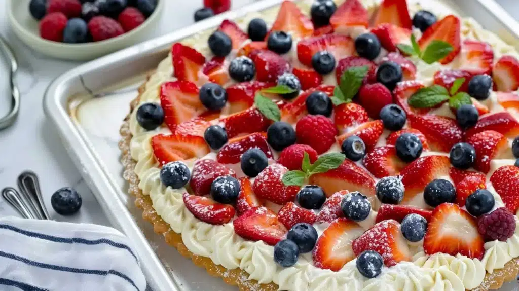 Fruit pizza on sugar‑cookie crust with frosting, strawberries, blueberries, raspberries, and mint leaves