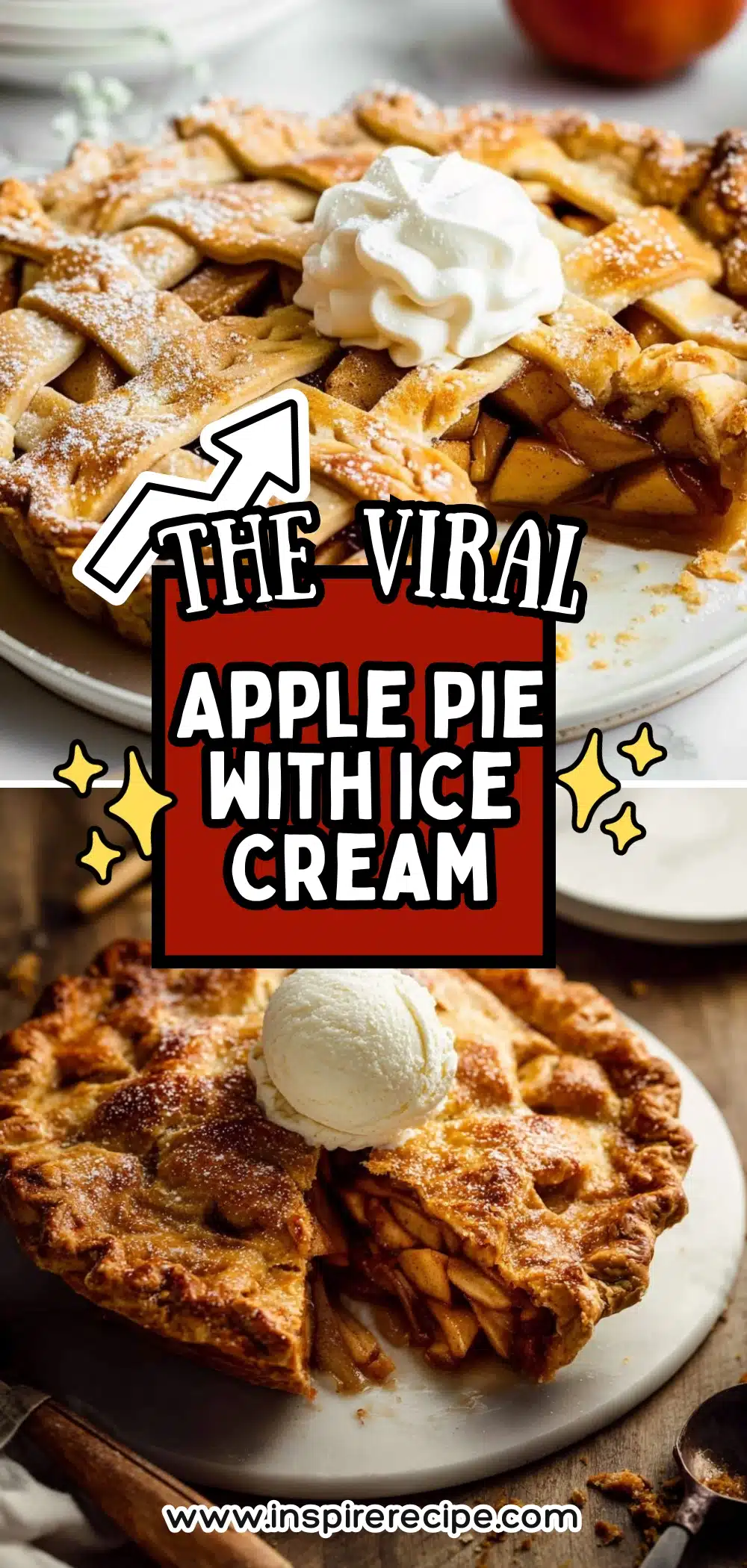 Classic lattice apple pie topped with a scoop of vanilla ice cream on a white plate