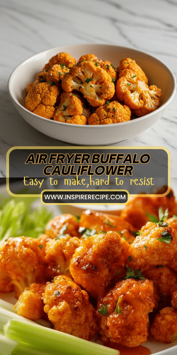 Air fried buffalo cauliflower bites with spicy glaze and celery sticks.