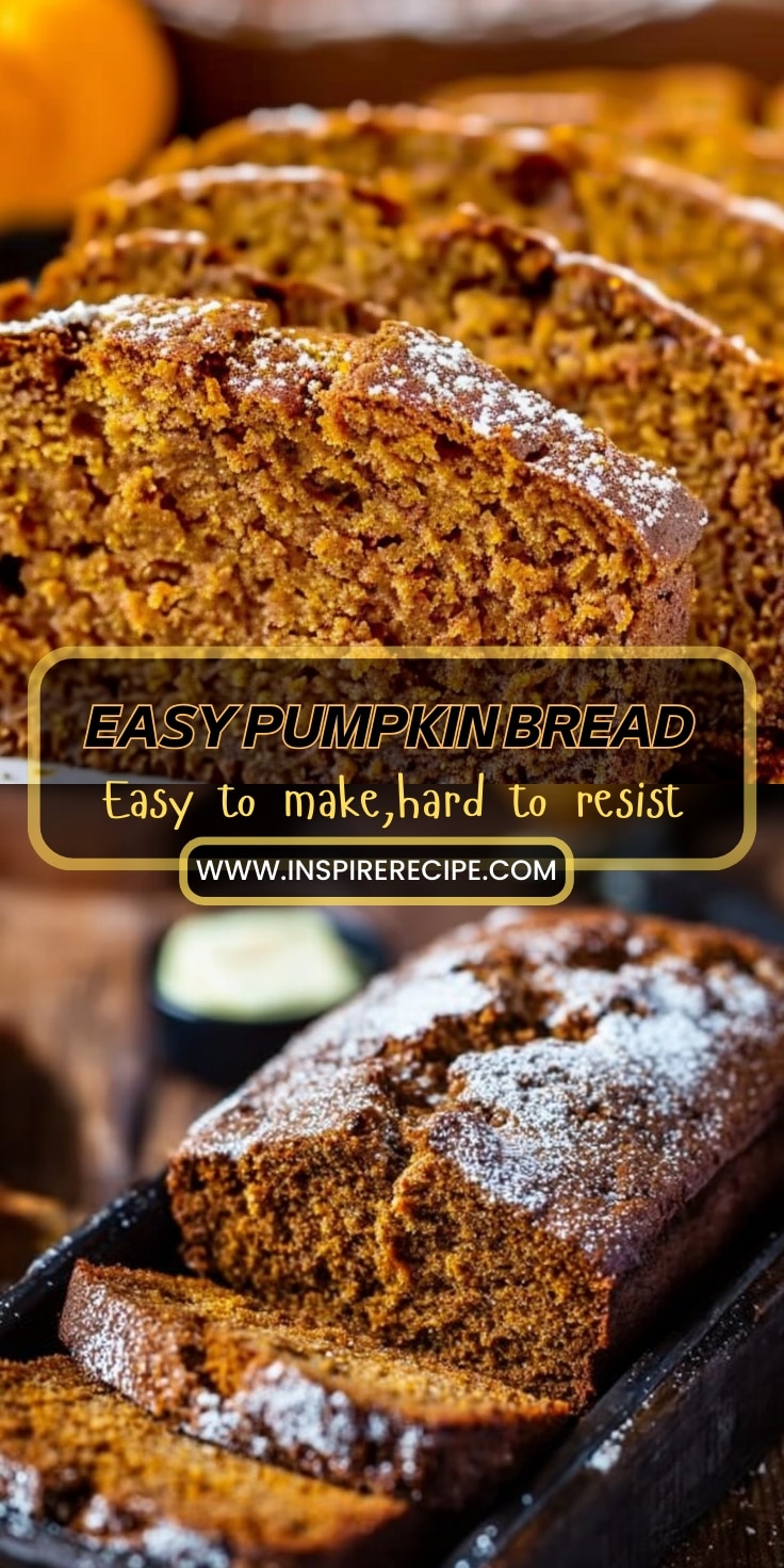 Sliced, moist pumpkin bread dusted with powdered sugar on a tray