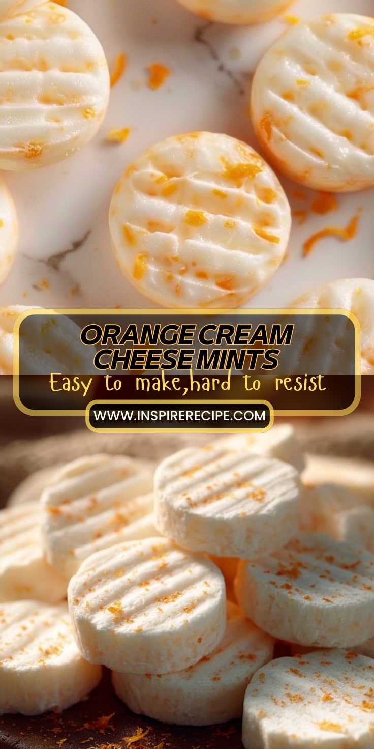 Orange zest cream cheese mints, round and striped, on a light background