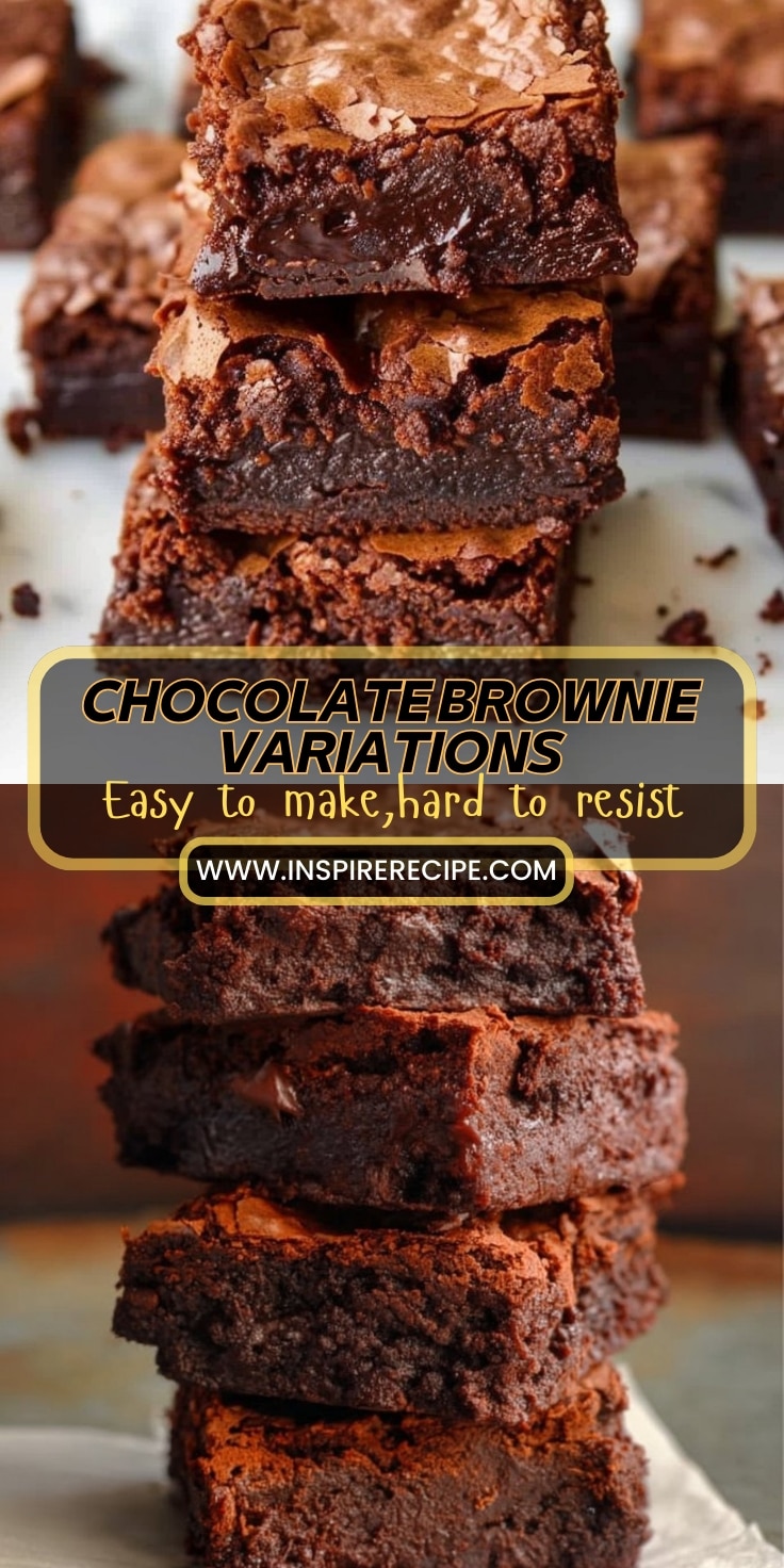 Stacked homemade chocolate brownies with glossy, crackly tops and dense centers.