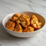 Air fryer buffalo cauliflower dish served on a plate with dipping sauce.
