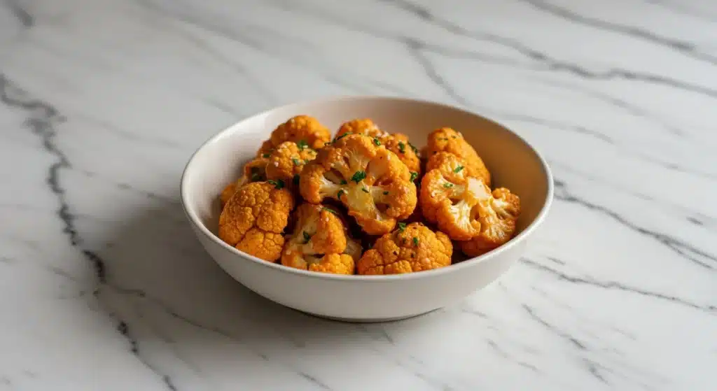 Crispy Air Fryer Buffalo Cauliflower served on a plate with dipping sauce.