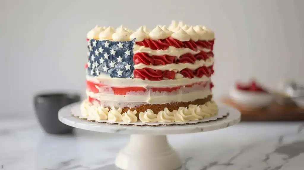 Delicious American Flag Cake decorated with red, white, and blue frosting.