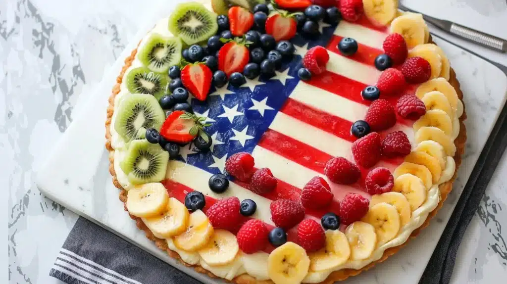 American Flag Fruit Pizza topped with berries and whipped cream