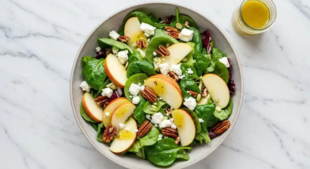 A vibrant Apple & Feta Harvest Salad featuring fresh greens, sliced apples, and crumbled feta cheese.