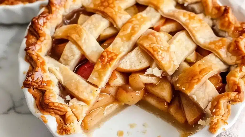Freshly baked apple pie with golden crust and juicy apple filling