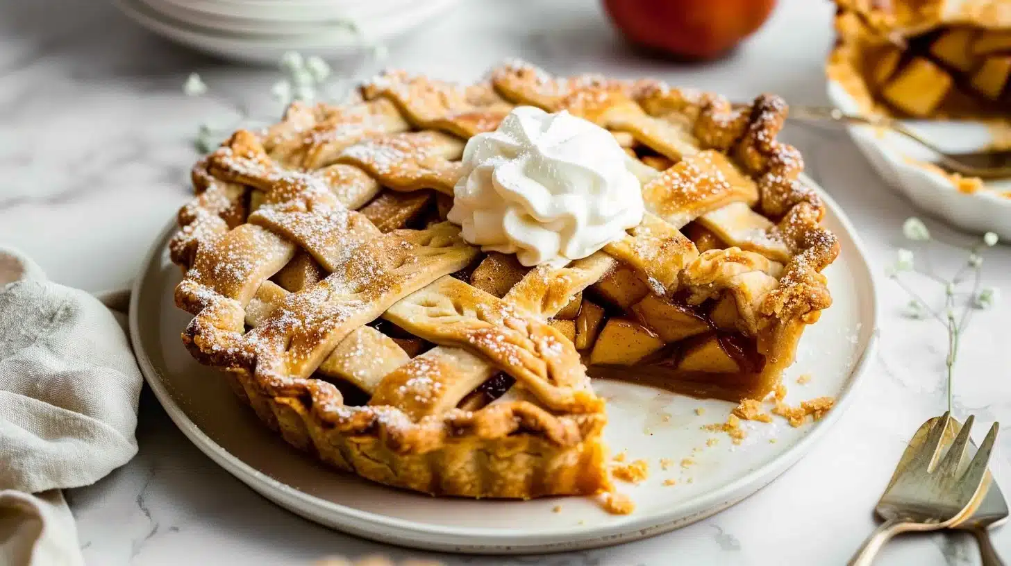 Delicious apple pie served with a scoop of vanilla ice cream