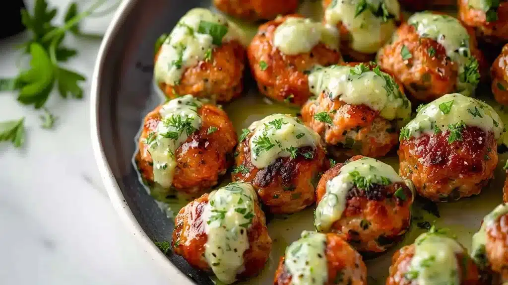Baked salmon meatballs served with avocado sauce on a plate.