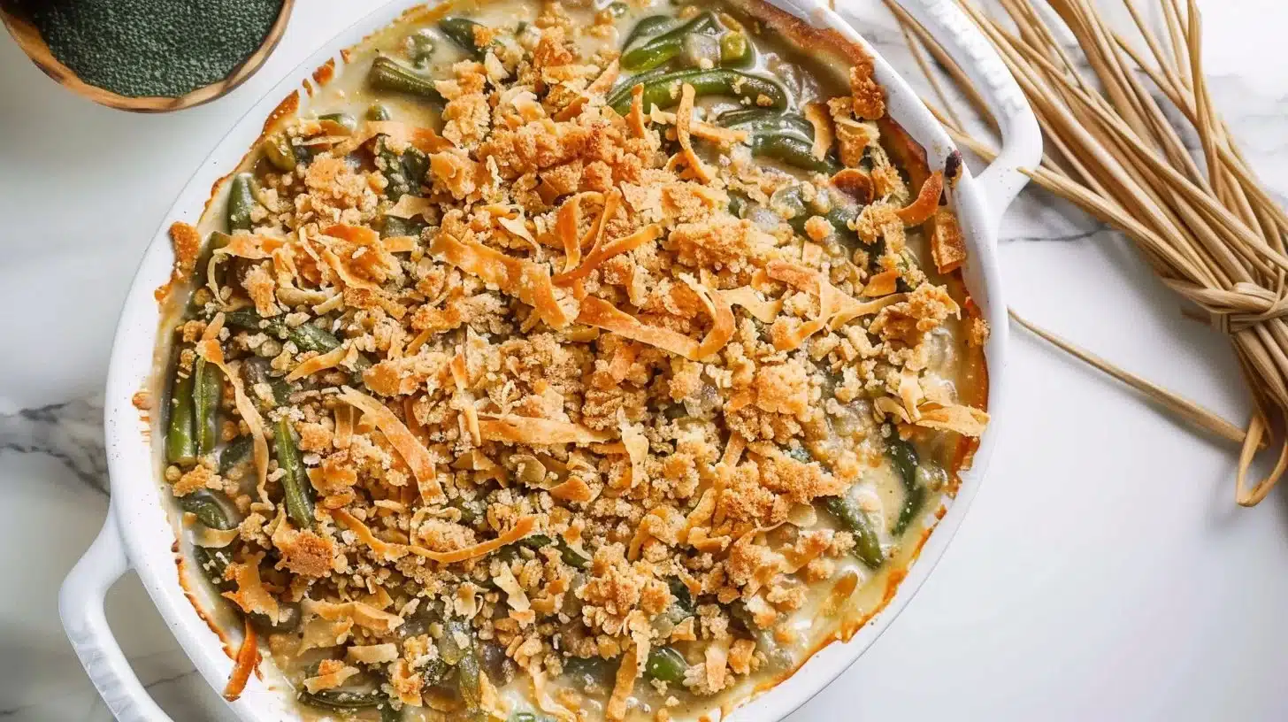 Delicious Campbell's Green Bean Casserole topped with crispy fried onions