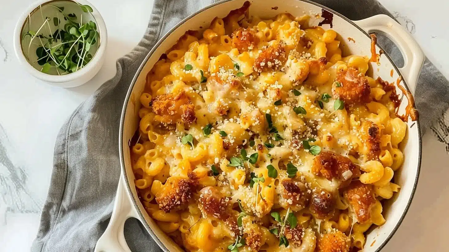 Delicious Chicken Mac and Cheese Bake topped with melted cheese and golden breadcrumbs