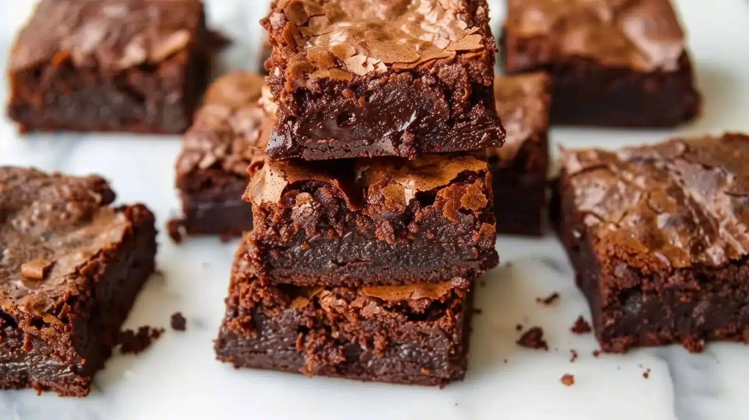 Selection of chocolate brownie variations on a wooden table