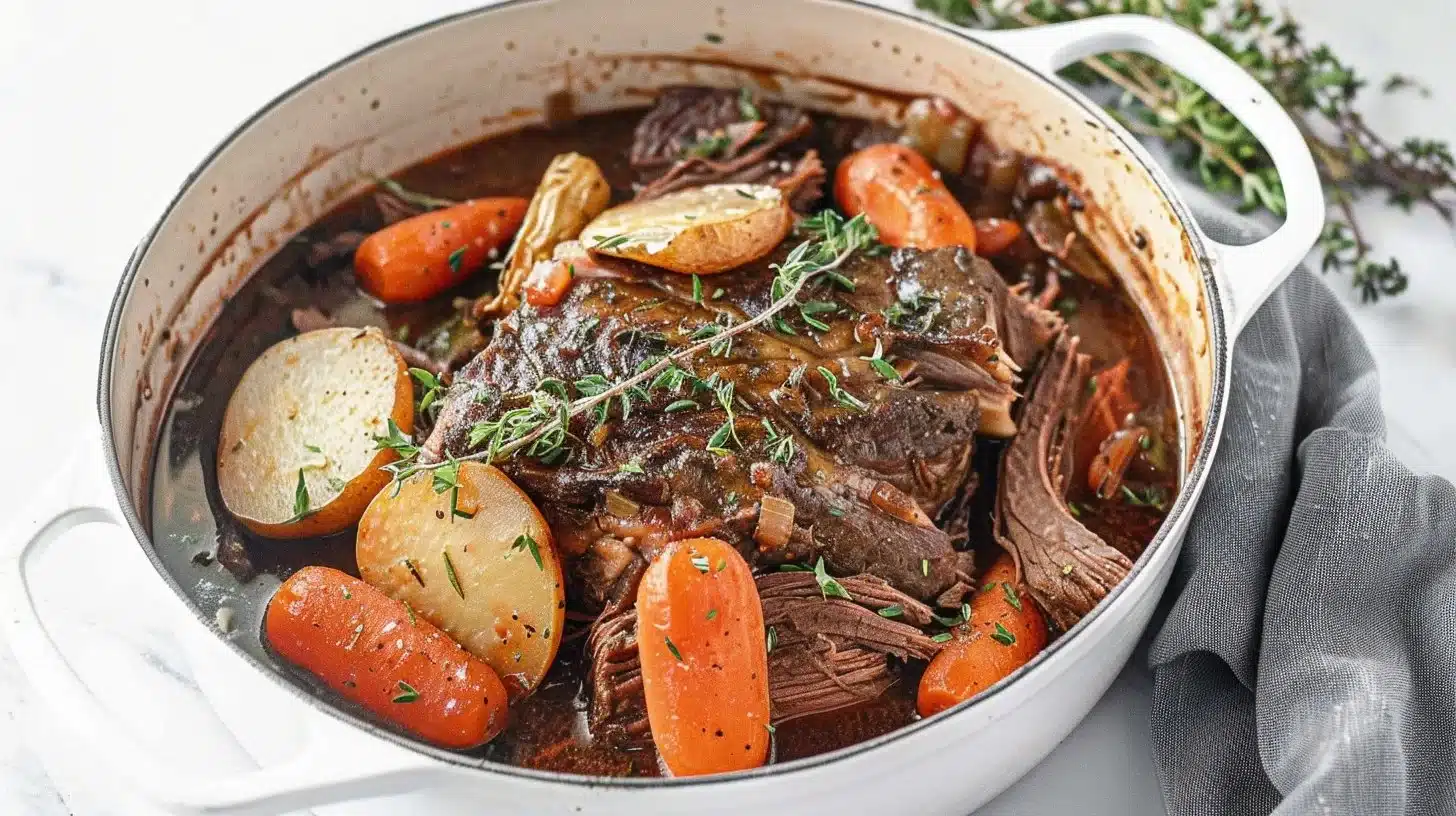 Delicious classic pot roast served with vegetables and gravy