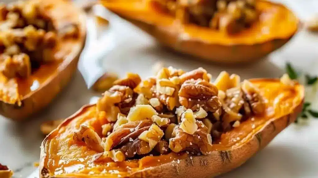 Cozy maple walnut twice-baked sweet potato skins ready to serve