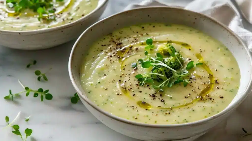 Creamy vegan broccoli potato soup served in a bowl with fresh herbs on top.