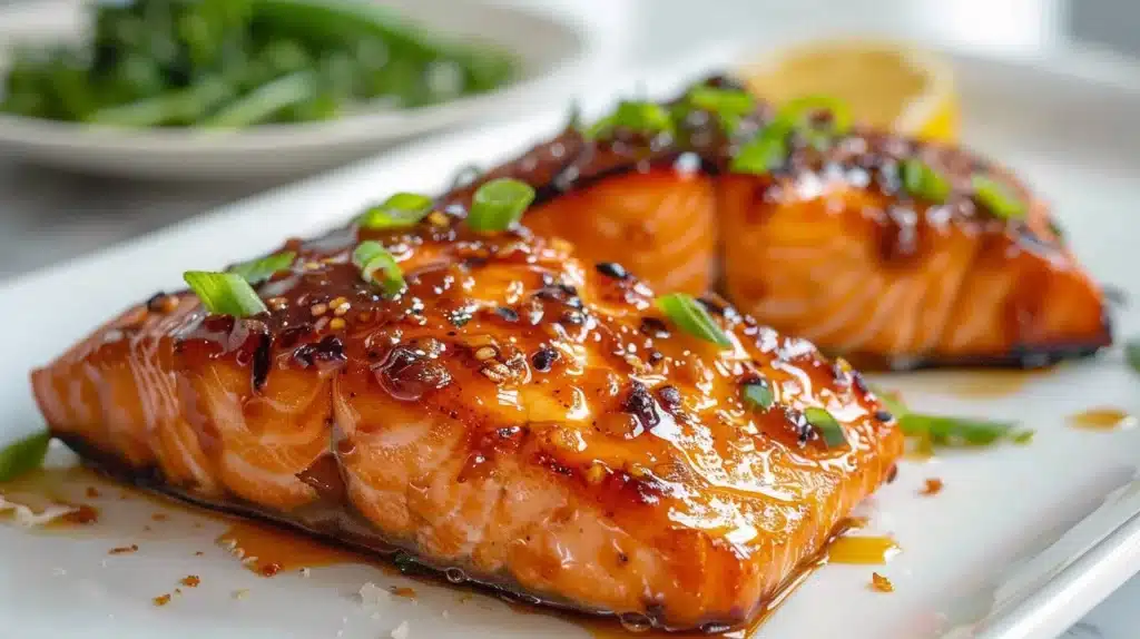 Crispy honey garlic glazed salmon topped with sesame seeds served on a plate.