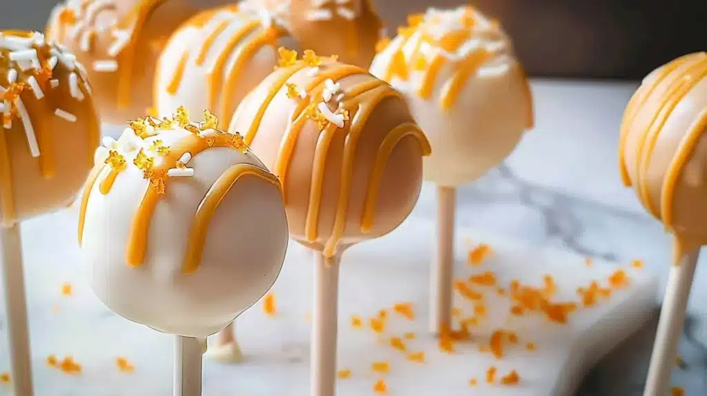 Delicious orange cream cake pops on a display for a vibrant dessert table