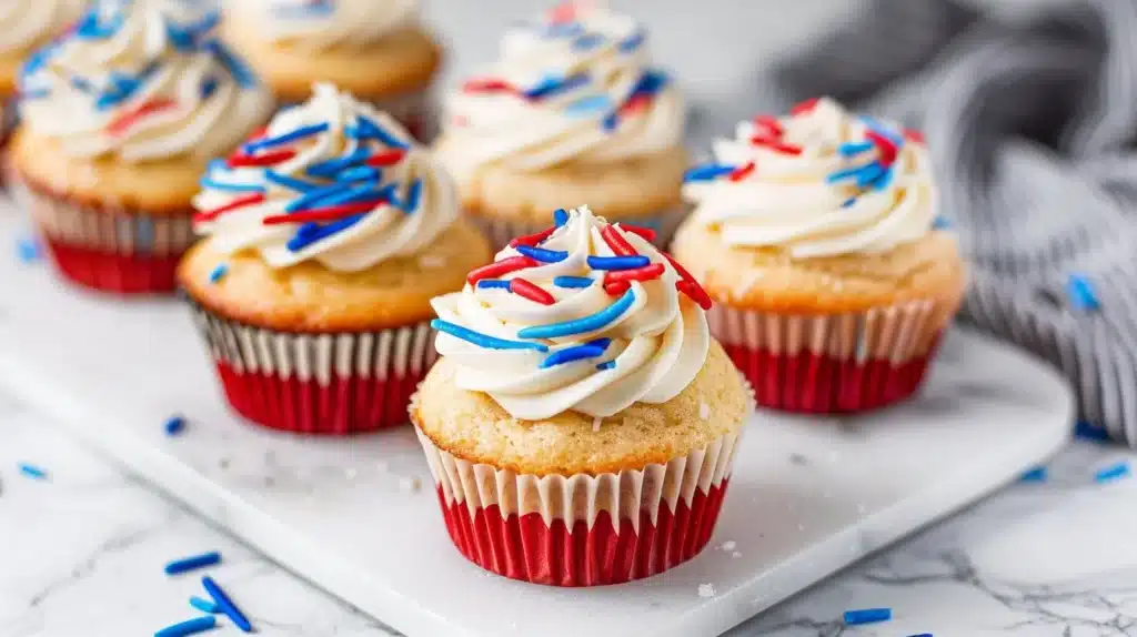 Delicious and colorful easy 4th of July cupcakes decorated for the holiday
