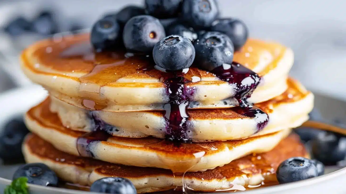 Fluffy easy blueberry pancakes topped with fresh blueberries and syrup
