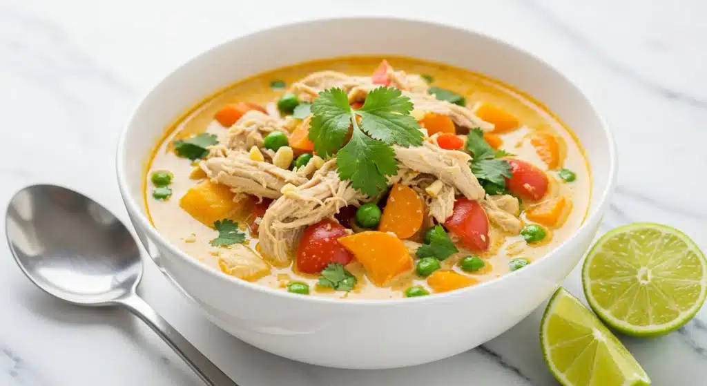 Bowl of easy Thai chicken soup garnished with herbs and lime.