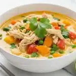 Bowl of easy Thai chicken soup garnished with herbs and lime.