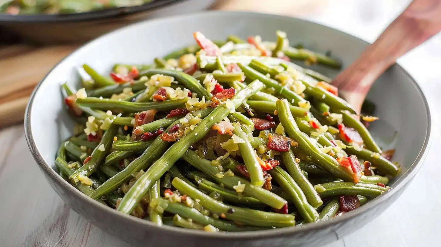 Delicious firehouse green beans with bacon on a serving plate