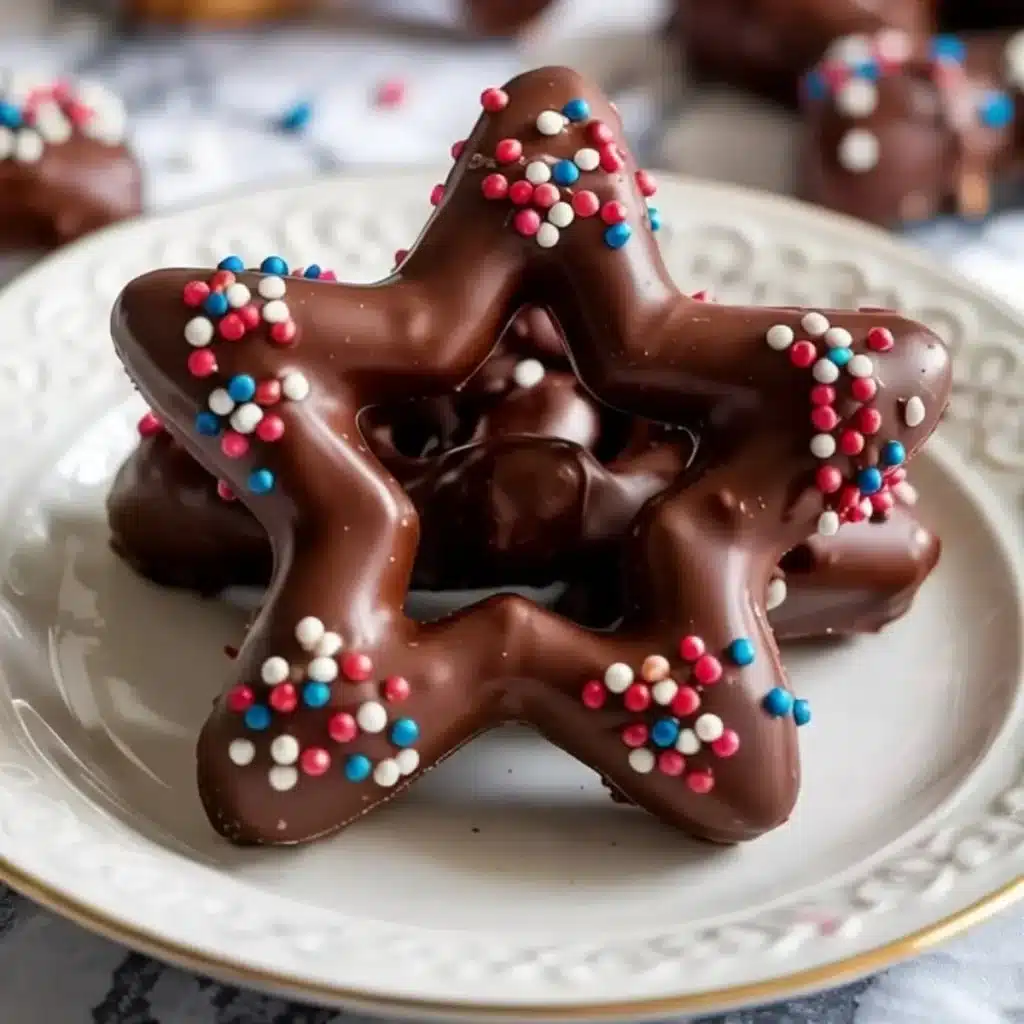 Fourth of July chocolate dipped pretzels with red, white, and blue sprinkles