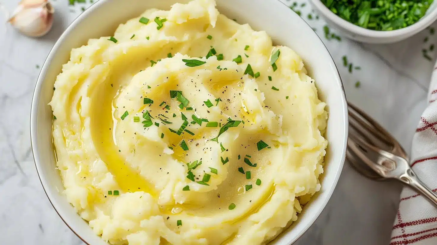 Delicious garlic mashed potatoes served in a bowl with herbs