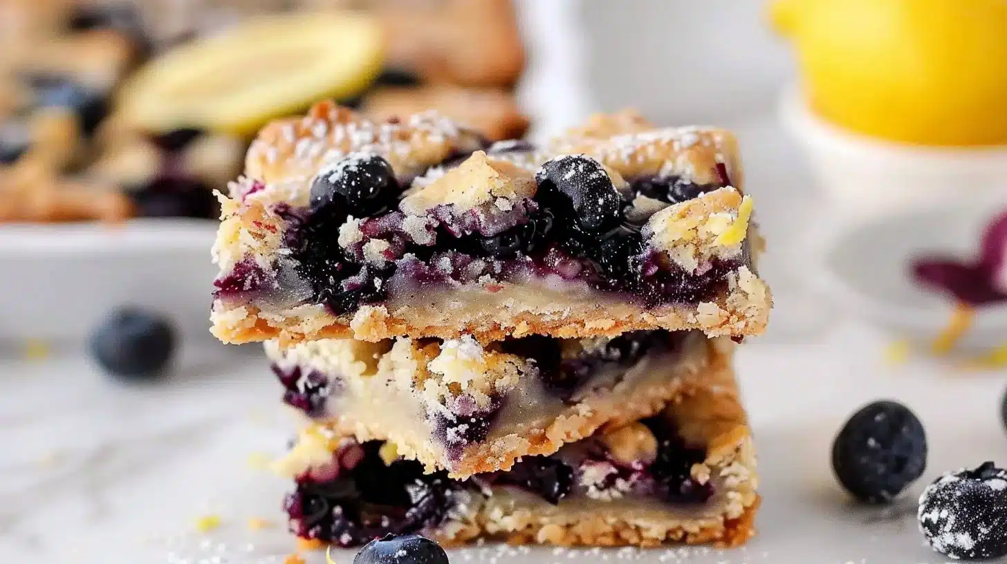 Gluten-free lemon blueberry bars topped with fresh blueberries and lemon zest.