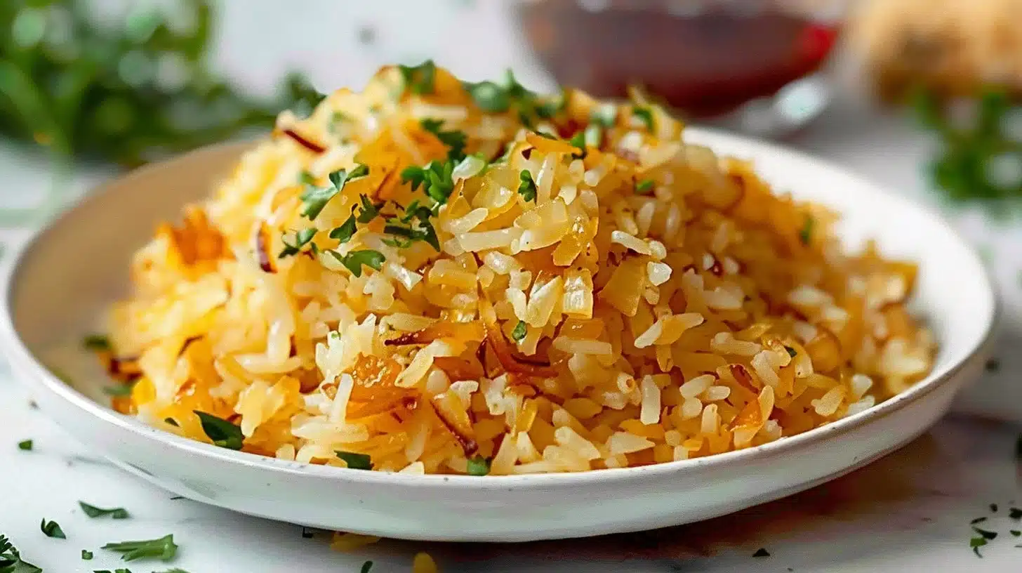 Bowl of Golden Onion Butter Rice garnished with fresh parsley