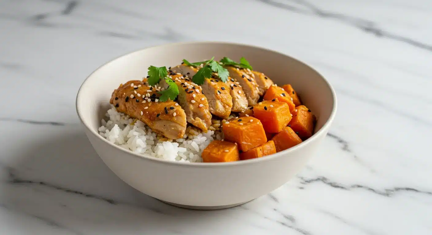 Healthy chicken and sweet potato rice bowl with vegetables