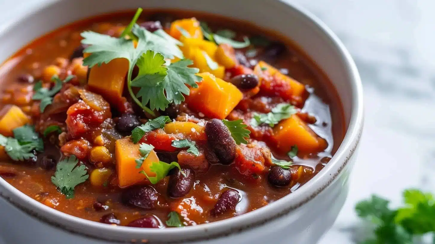Bowl of hearty harvest veggie chili with beans and fresh vegetables