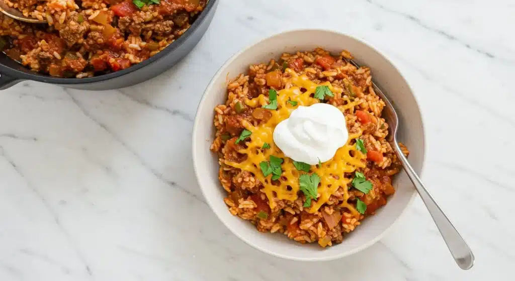 Instant Pot Cheesy Taco Beef & Rice dish ready to serve