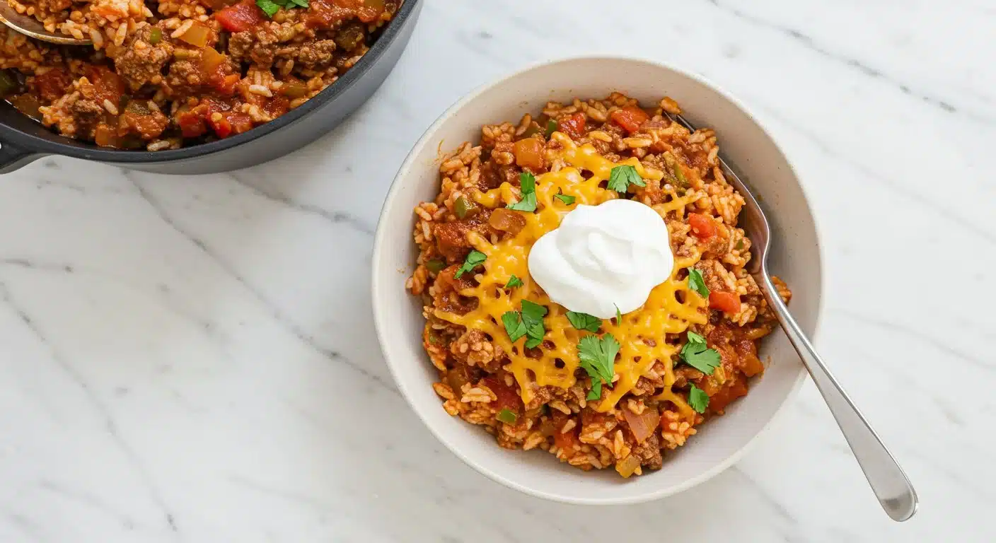 Instant Pot Cheesy Taco Beef & Rice dish ready to serve
