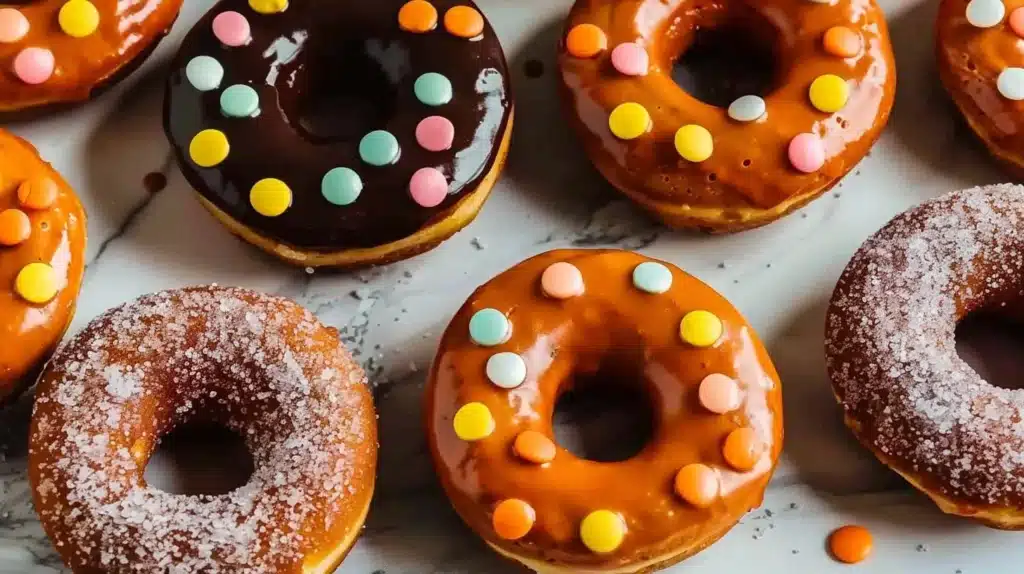 Delicious cake mix donuts topped with glaze and sprinkles