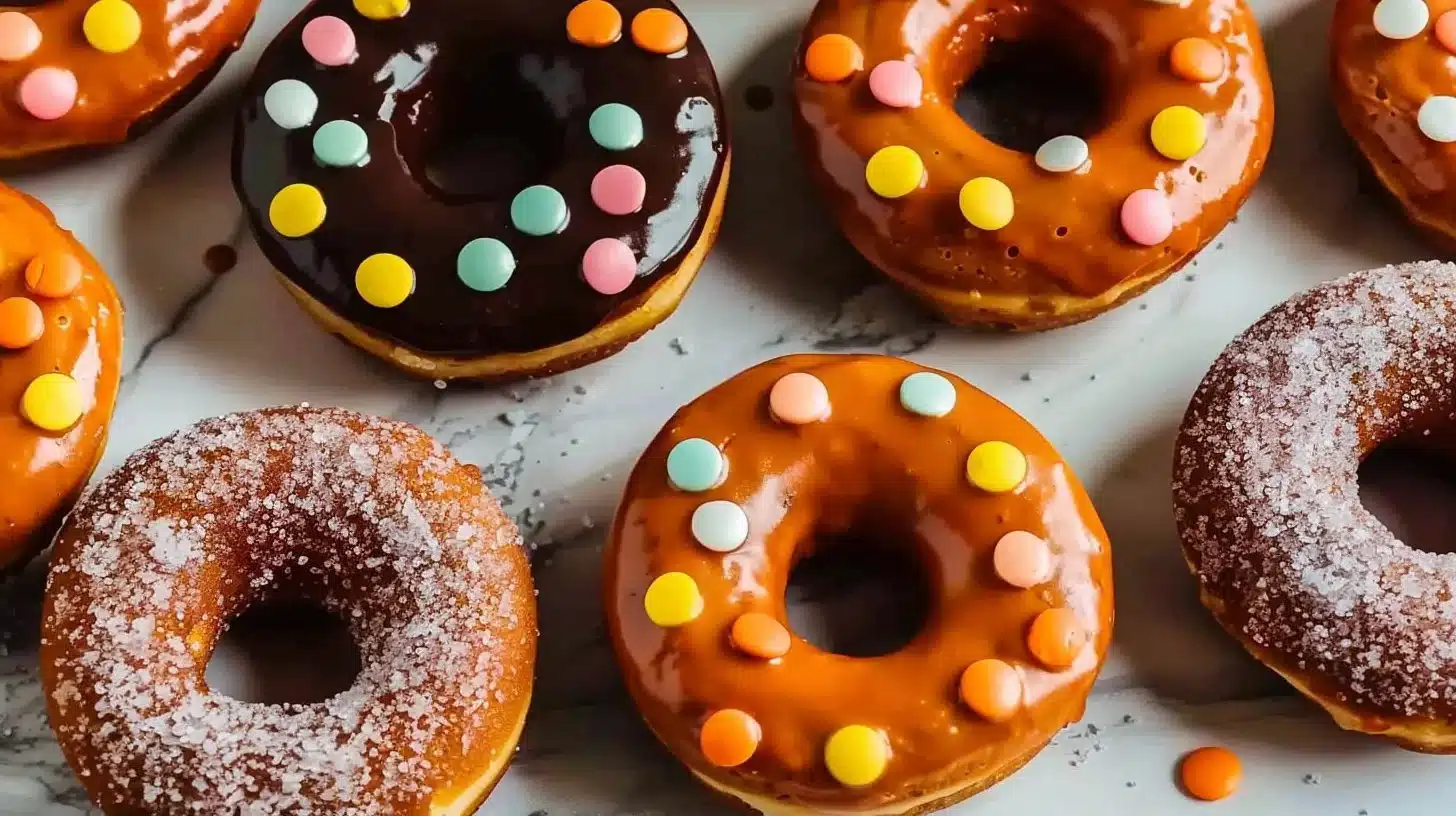 Delicious cake mix donuts topped with glaze and sprinkles