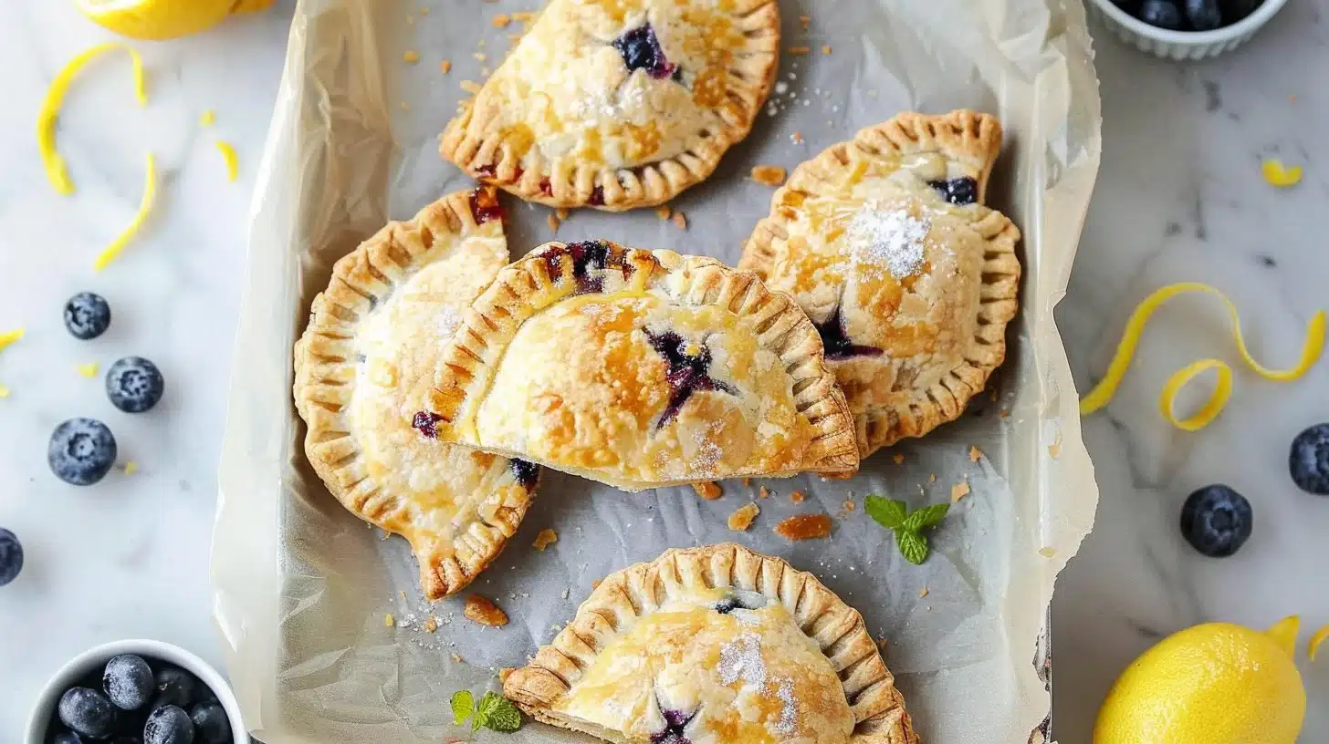 Lemon Blueberry Mascarpone Hand Pies on a wooden table, ready to serve.