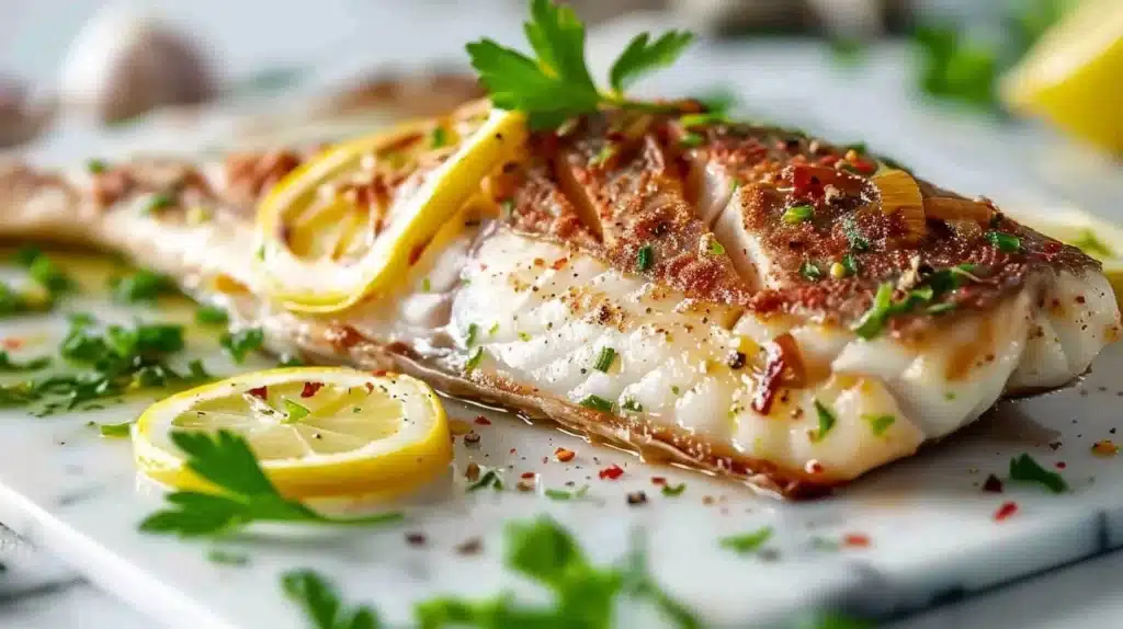 Lemon garlic roasted fish served on a plate with fresh herbs and lemon slices.