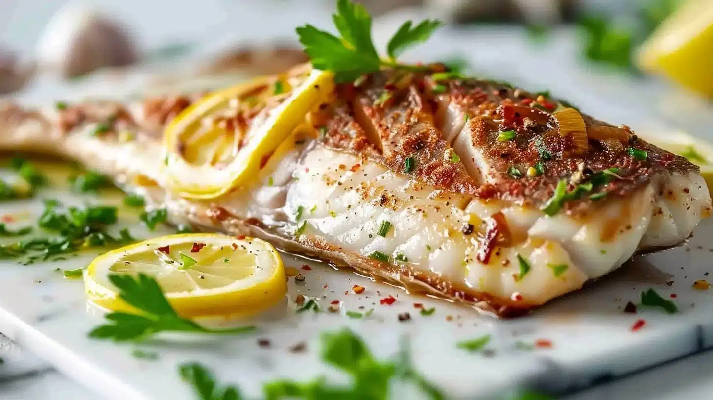 Lemon garlic roasted fish served on a plate with fresh herbs and lemon slices.