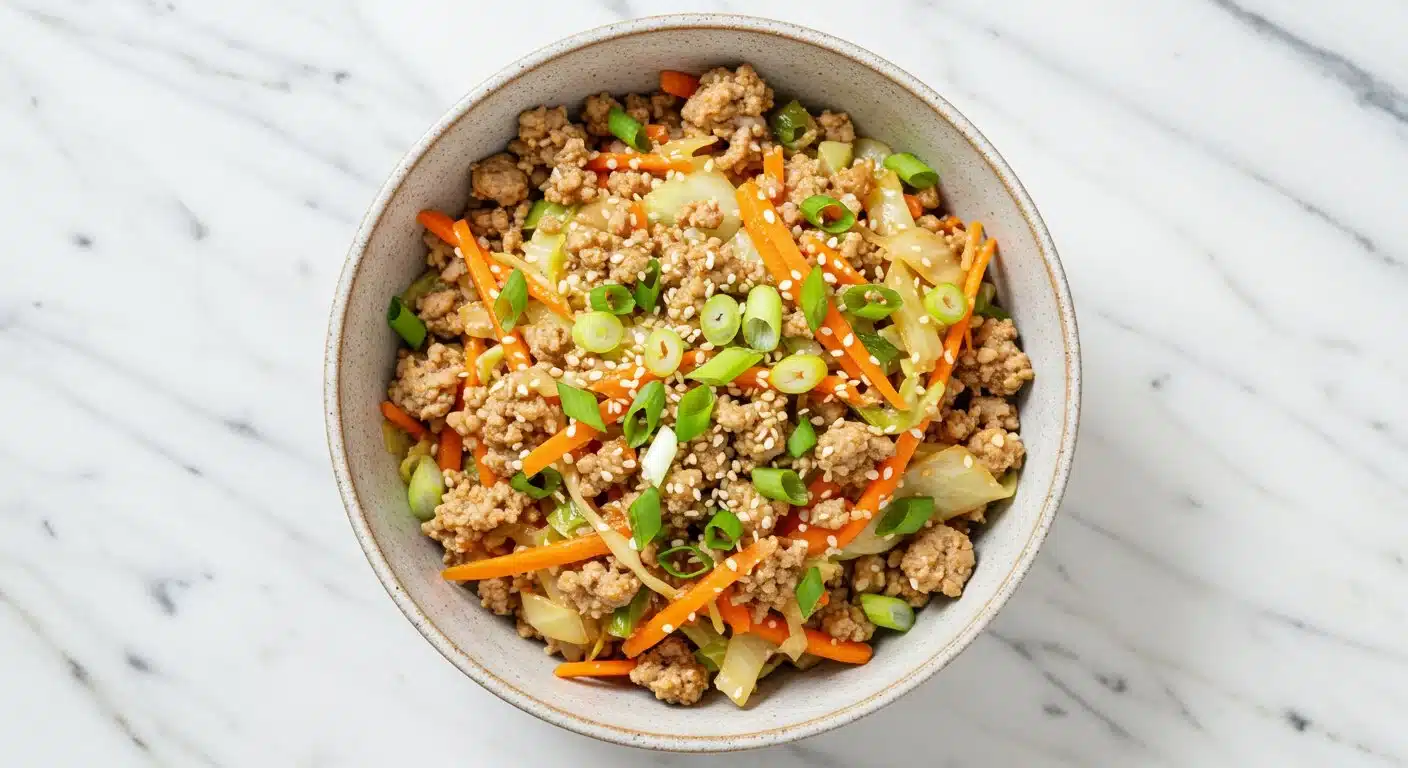 Low-Carb Egg Roll in a Bowl with fresh vegetables and savory flavors