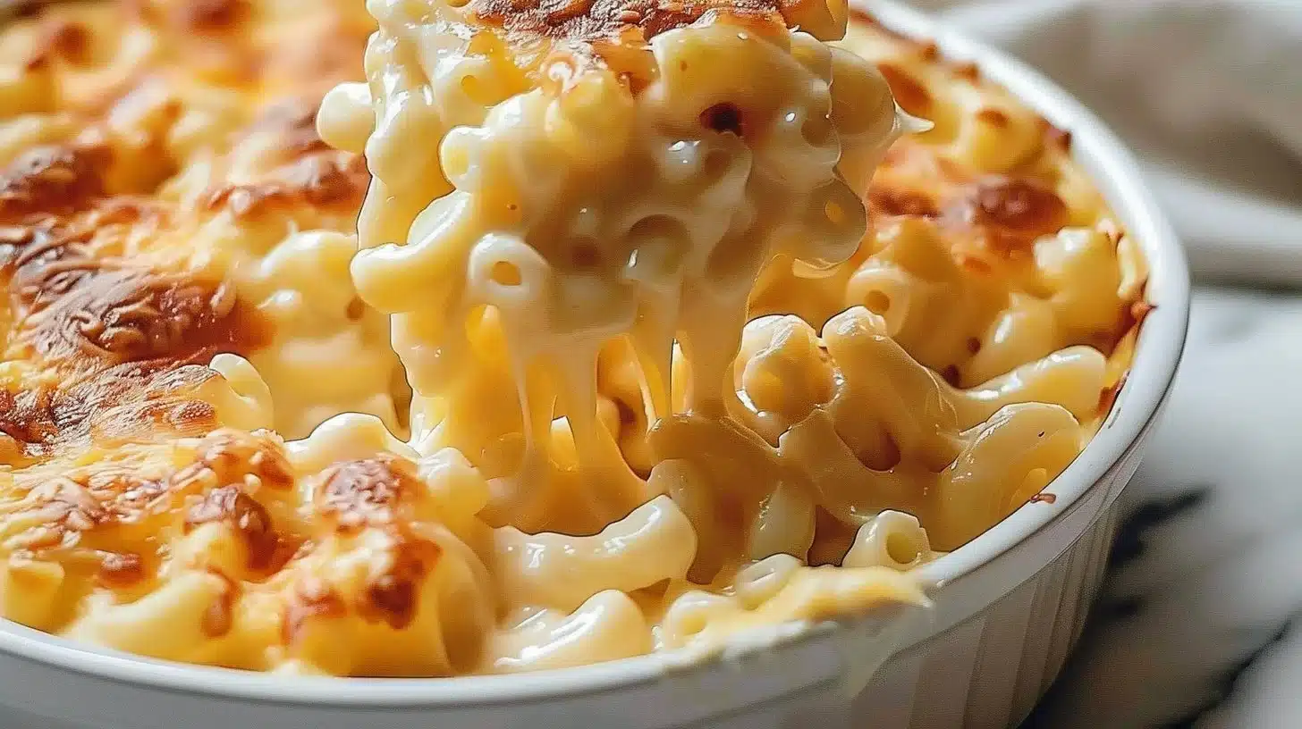 Delicious homemade Mac and Cheese served in a bowl with a golden crust.