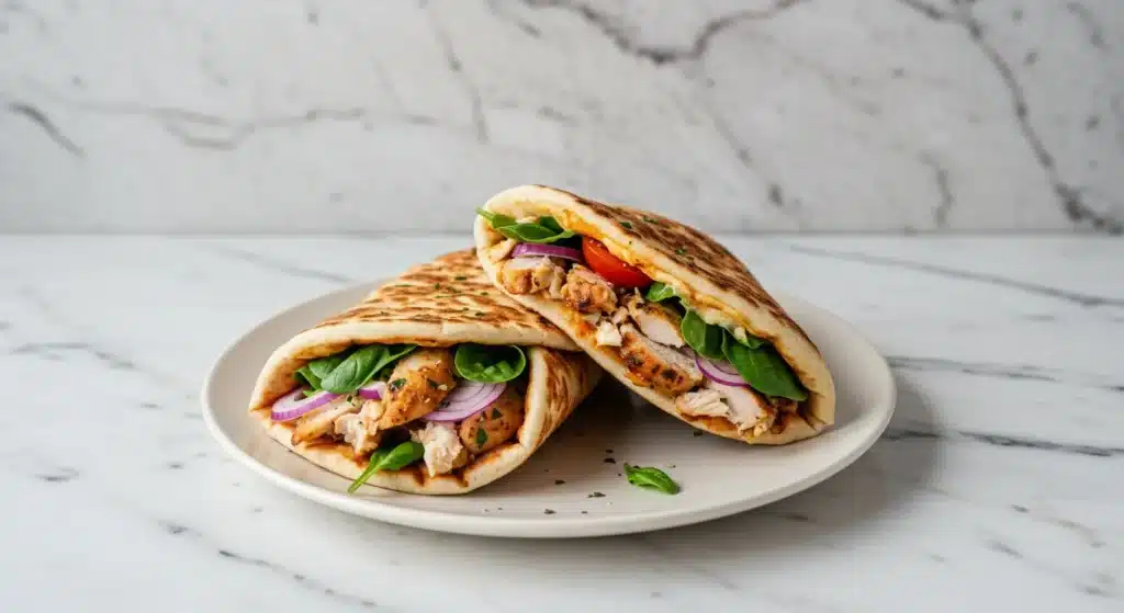 Mediterranean chicken gyros served with fresh vegetables and pita bread