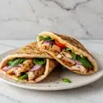 Mediterranean chicken gyros served with fresh vegetables and pita bread