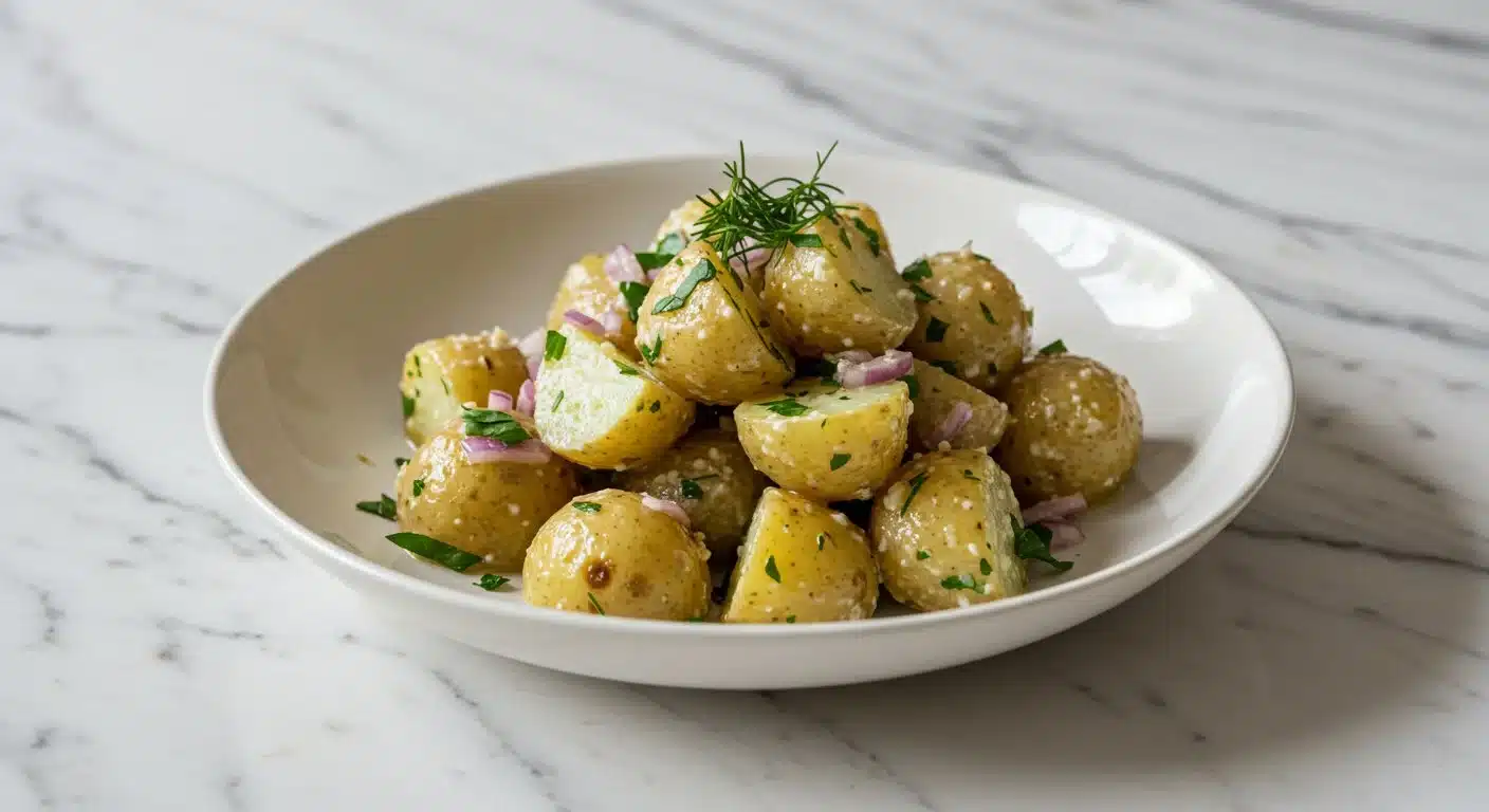 Mediterranean potato salad with fresh herbs and vegetables
