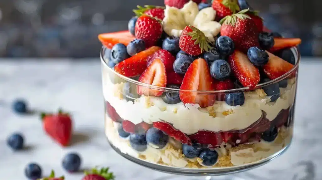 No-Bake Strawberry Blueberry Trifle layered with fresh fruit and cream
