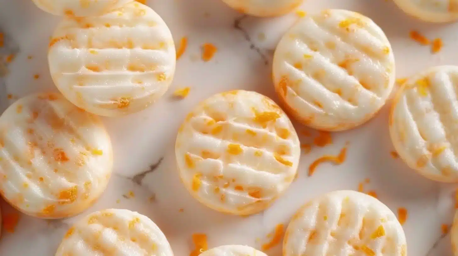 Homemade orange cream cheese mints arranged on a decorative platter.