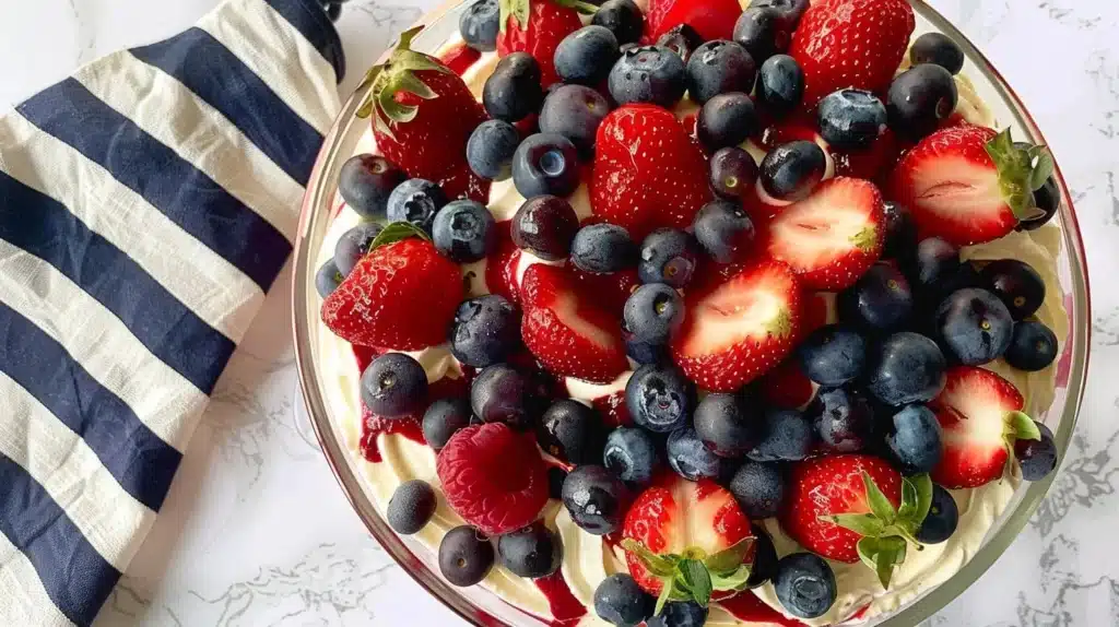 Patriotic Berry Trifle dessert with layers of berries and cream
