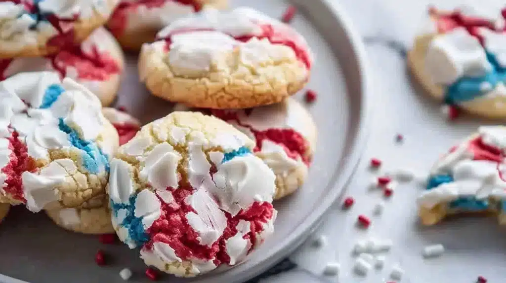 Patriotic crinkle cookies with red, white, and blue colors ready for a celebration.