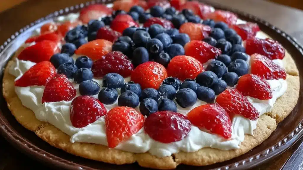 Patriotic Red, White and Blue Fruit Pizza topped with fresh berries and cream.